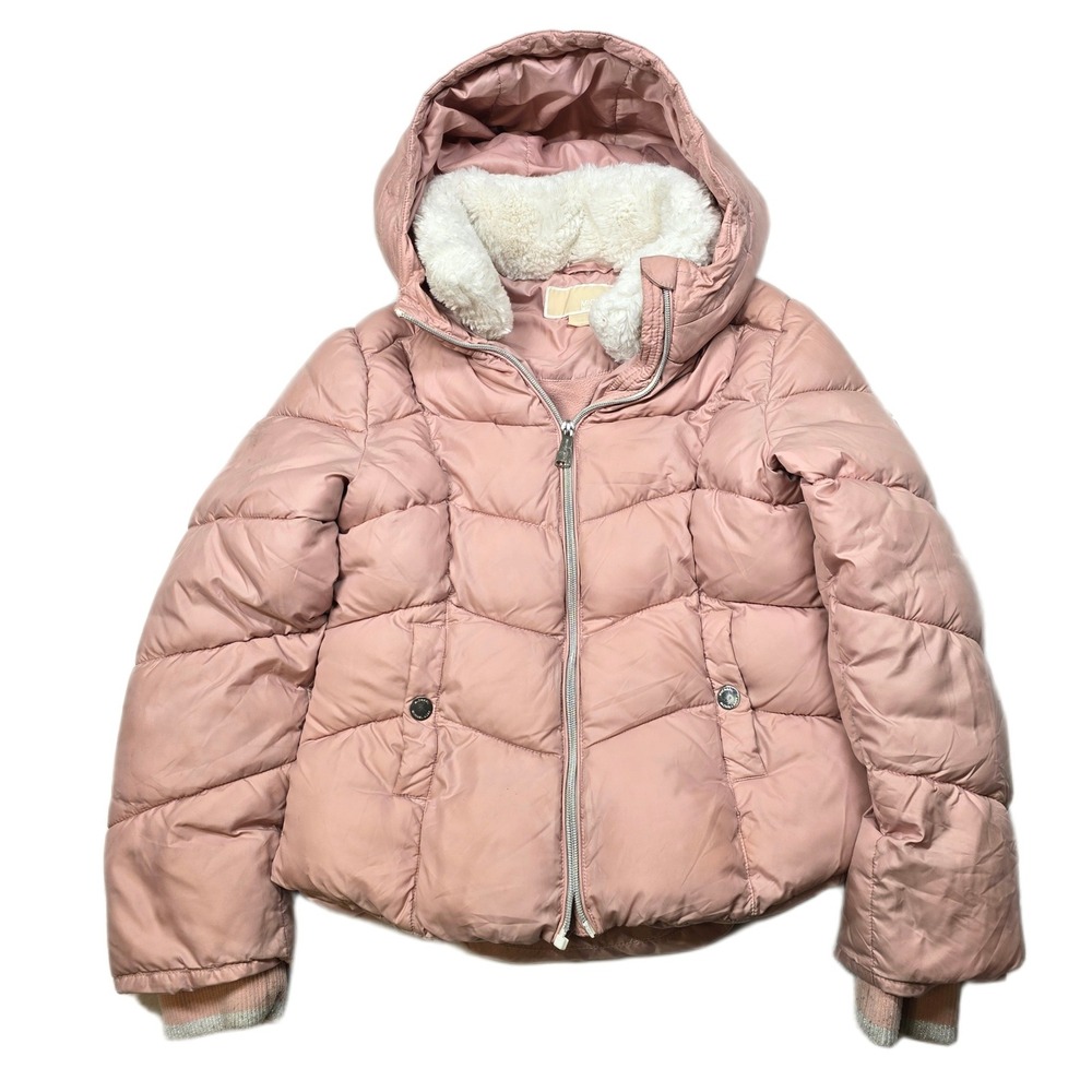 Michael Kors Puffer‎ Jacket Kids Girls 10 12 Pink Hooded Faux Fur Lined